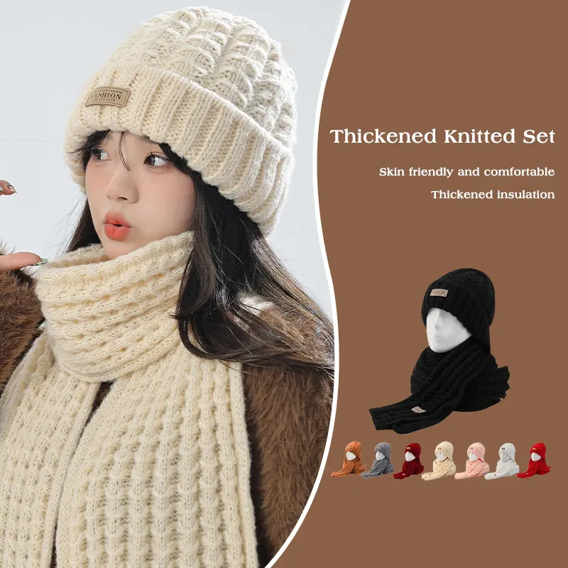 2Pcs Winter Knit Woolen Hat Women Scarf Set Solid Color Warm Beanie Cap Female Neckerchief Korean Twist Crochet Hats Scarves