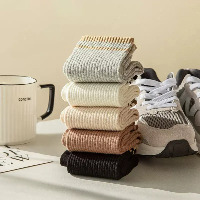 5 Pairs Striped Socks for Women Autumn Winter Cotton Middle Tube Sock Korean Solid Color Casual Women Girls Sports Socks