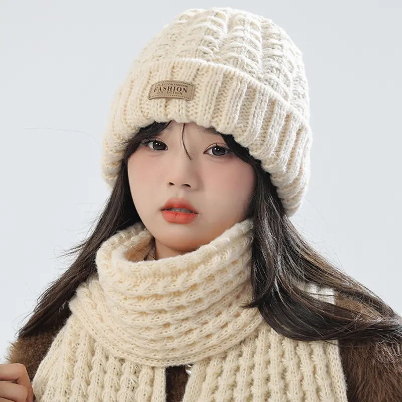 2Pcs Winter Knit Woolen Hat Women Scarf Set Solid Color Warm Beanie Cap Female Neckerchief Korean Twist Crochet Hats Scarves