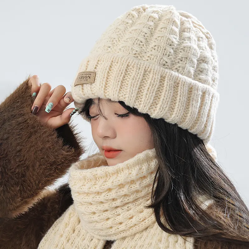 2Pcs Winter Knit Woolen Hat Women Scarf Set Solid Color Warm Beanie Cap Female Neckerchief Korean Twist Crochet Hats Scarves