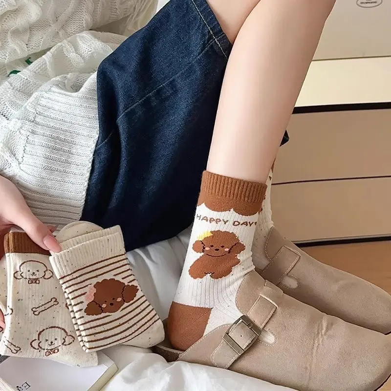 5Pairs/Set Cute Puppy Women Socks Cartoon Striped Mid-tube Sock for Girls Spring Autumn Cotton Female Socks