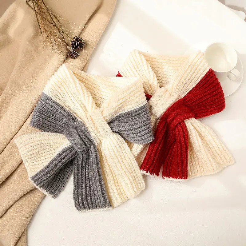 Winter Short Cross Scarf for Women Warm Knitted Neck Bib Korean Patchwork Thermal Scarves Girl Woolen Neck Collar