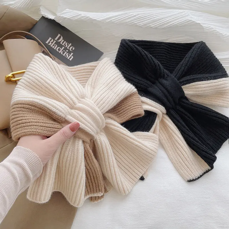 Winter Short Cross Scarf for Women Warm Knitted Neck Bib Korean Patchwork Thermal Scarves Girl Woolen Neck Collar