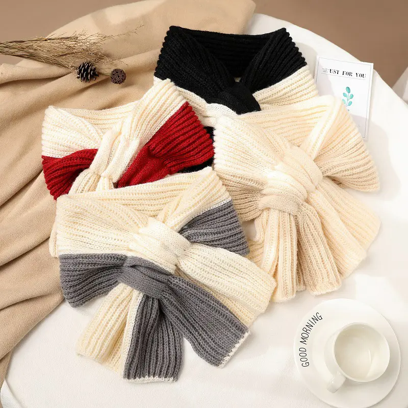 Winter Short Cross Scarf for Women Warm Knitted Neck Bib Korean Patchwork Thermal Scarves Girl Woolen Neck Collar