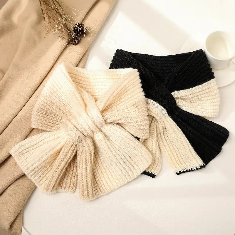 Winter Short Cross Scarf for Women Warm Knitted Neck Bib Korean Patchwork Thermal Scarves Girl Woolen Neck Collar