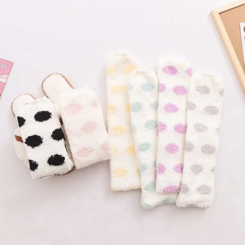 Winter Women Stockings Soft Coral Fleece Warm Thigh High Long Socks Dot Print Furry Leg Warmer Female Thick Plush Knee Socks