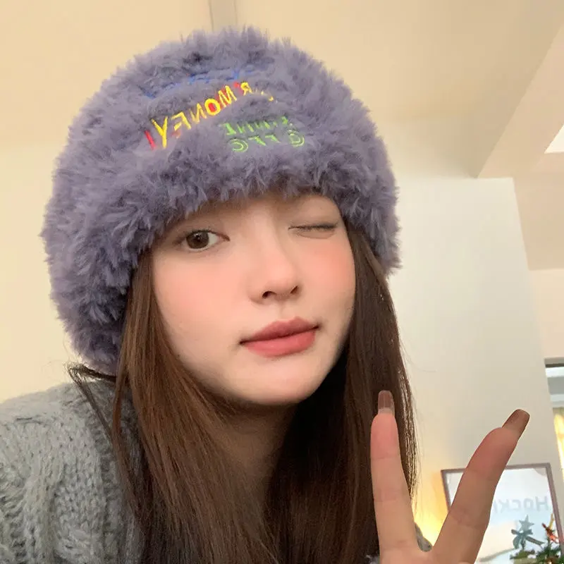 Winter Plush Warm Hat for Women Autumn Winter Thermal Fluffy Fur Beanies Sweet Ear Protection Skullcap