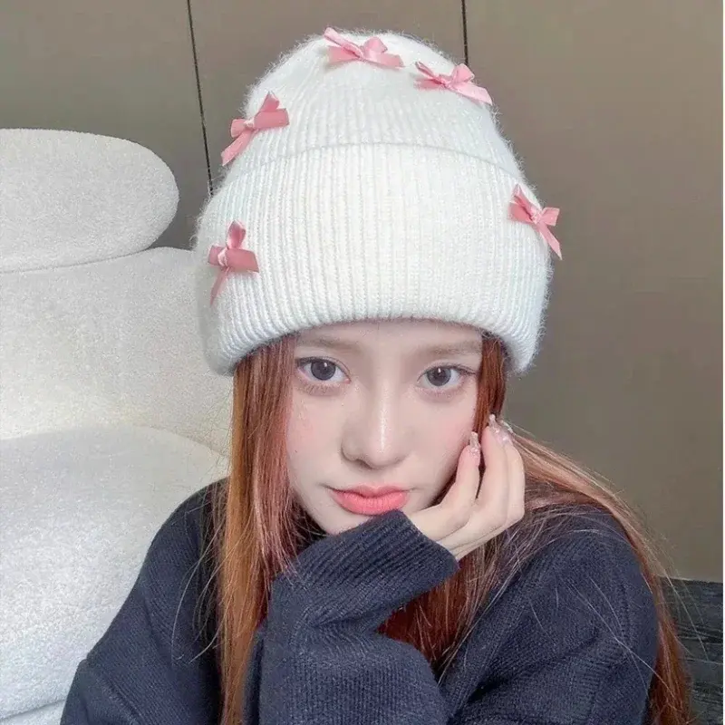 Y2K Pink Bow Beanie Cap for Women Winter Warm Rabbit Fur Knitted Hat Korean Solid Color Thick Thermal Wool Hats