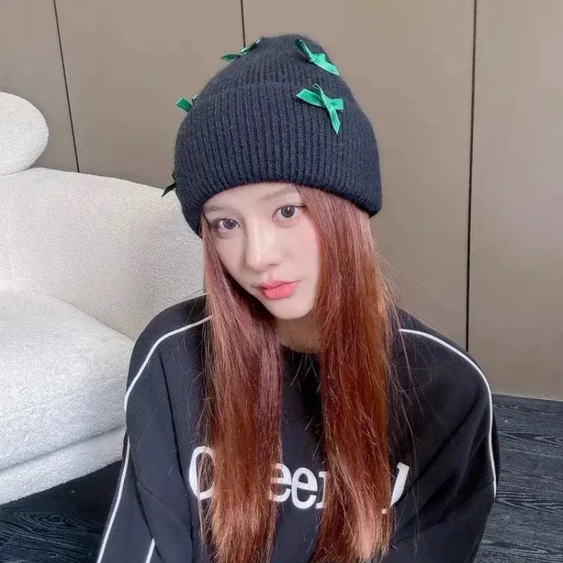 Y2K Pink Bow Beanie Cap for Women Winter Warm Rabbit Fur Knitted Hat Korean Solid Color Thick Thermal Wool Hats