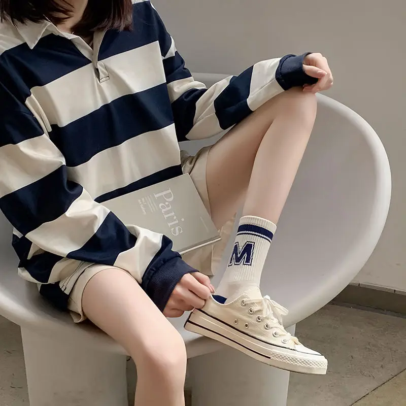 5 Pair/Set Blue Letter Stripe Socks for Women Korean Cotton Middle Tube Sock Spring Autumn Casual Sport Socks Calcetines 양말
