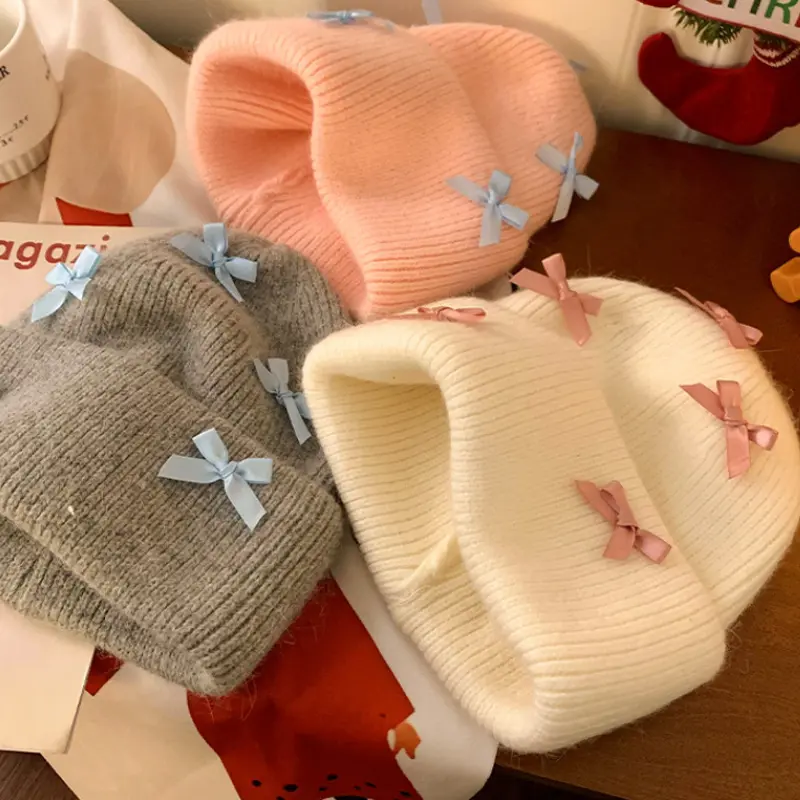 Y2K Pink Bow Beanie Cap for Women Winter Warm Rabbit Fur Knitted Hat Korean Solid Color Thick Thermal Wool Hats