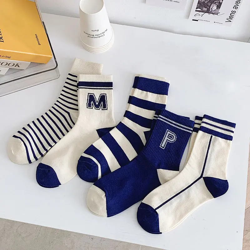 5 Pair/Set Blue Letter Stripe Socks for Women Korean Cotton Middle Tube Sock Spring Autumn Casual Sport Socks Calcetines 양말