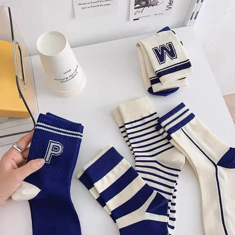 5 Pair/Set Blue Letter Stripe Socks for Women Korean Cotton Middle Tube Sock Spring Autumn Casual Sport Socks Calcetines 양말