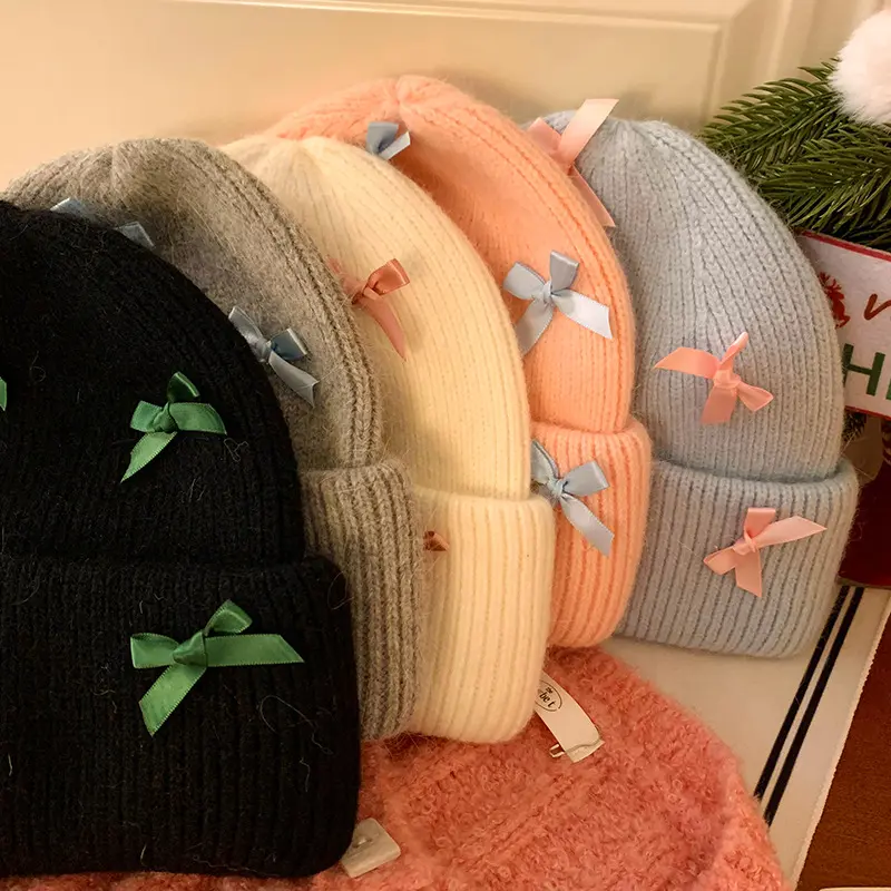 Y2K Pink Bow Beanie Cap for Women Winter Warm Rabbit Fur Knitted Hat Korean Solid Color Thick Thermal Wool Hats