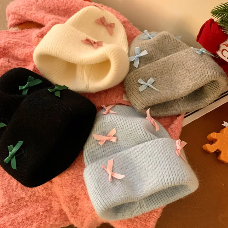Y2K Pink Bow Beanie Cap for Women Winter Warm Rabbit Fur Knitted Hat Korean Solid Color Thick Thermal Wool Hats