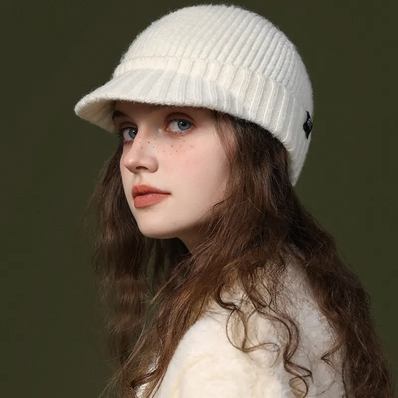 Winter Knitted Wool Hat for Women Thicken Warm Crochet Baseball Cap Outdoor Windproof Solid Color Thermal Caps