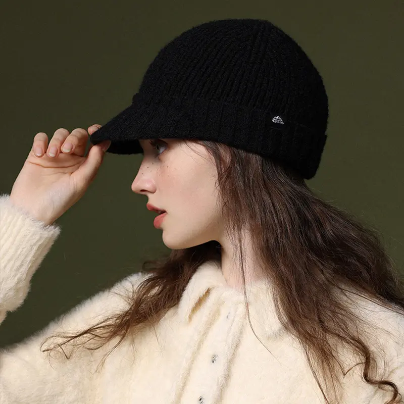 Winter Knitted Wool Hat for Women Thicken Warm Crochet Baseball Cap Outdoor Windproof Solid Color Thermal Caps