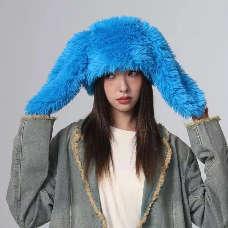 Y2K Bunny Ears Beanies Cap for Women Korea Ins Cute Plush Pullover Furry Hat Winter Warm Cartoon Ear Protection Hats