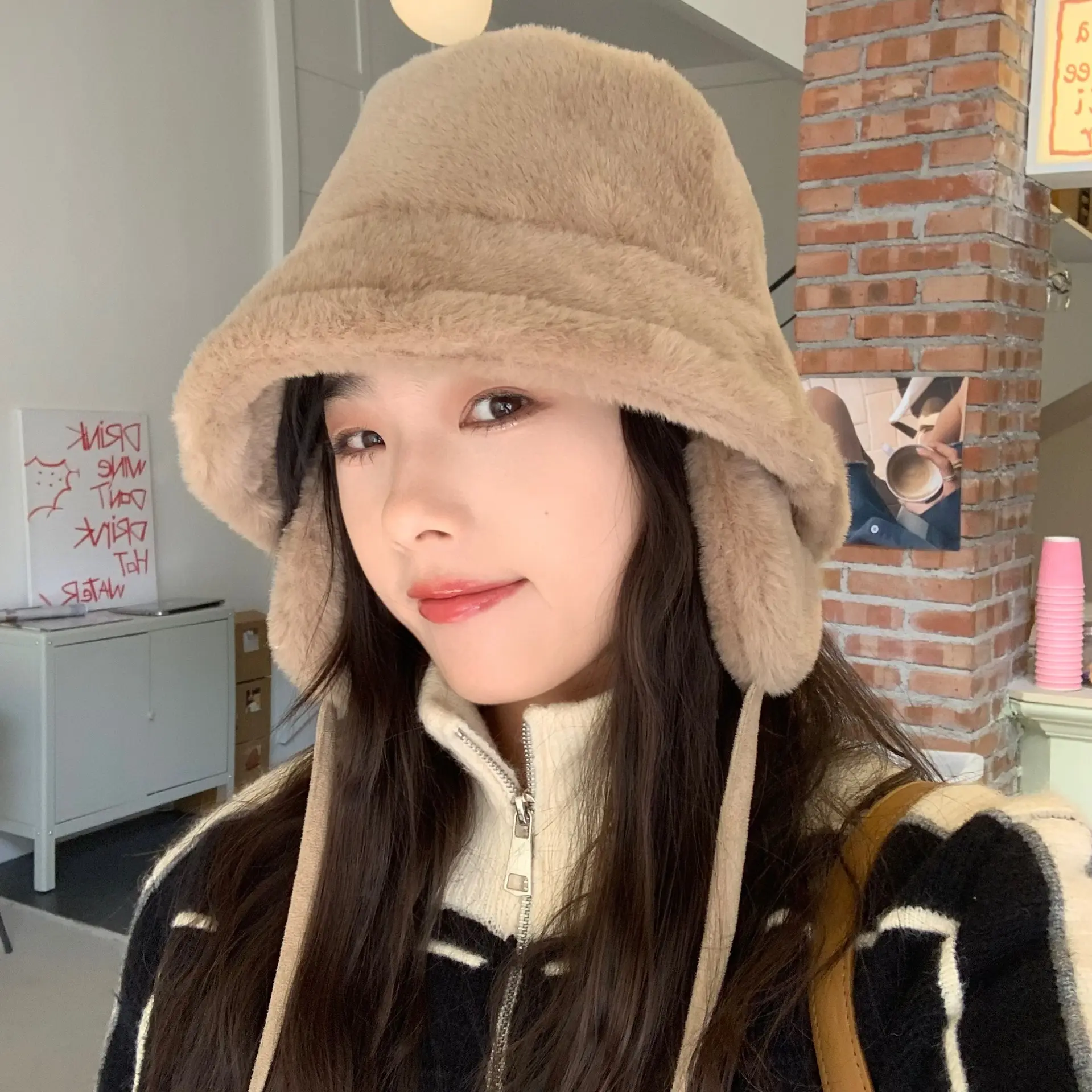 Winter Warm Bucket Hat with Earflap Solid Color Thicken Plush Ear Protection Cap Women Warm Faux Fur Earmuff Hats