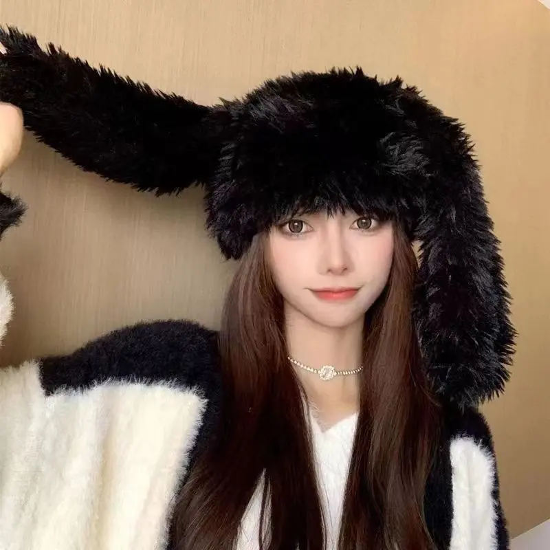 Y2K Bunny Ears Beanies Cap for Women Korea Ins Cute Plush Pullover Furry Hat Winter Warm Cartoon Ear Protection Hats