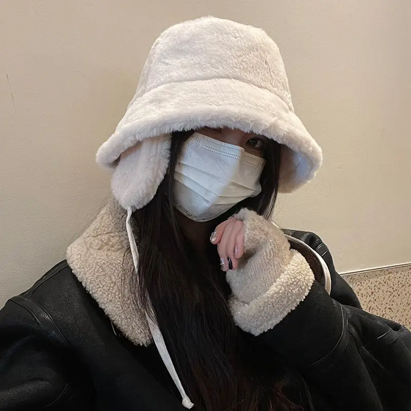 Winter Warm Bucket Hat with Earflap Solid Color Thicken Plush Ear Protection Cap Women Warm Faux Fur Earmuff Hats