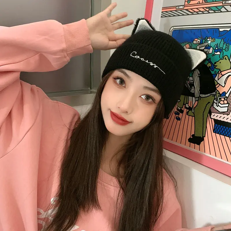 Cat Ear Beanies Hat for Women Winter Warm Knitted Woolen Hat Cute Cat Girls Skullcap Female Outdoor Skullies