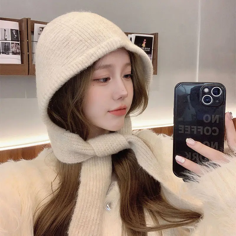 Winter Hooded Hat Scarf Women Autumn Warm Knitted Beanies Cap Korean Thickened Balaclava Solid Color Female Skullies