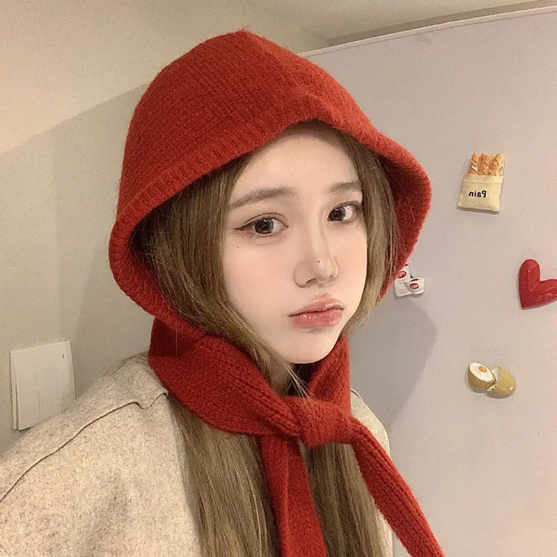 Winter Hooded Hat Scarf Women Autumn Warm Knitted Beanies Cap Korean Thickened Balaclava Solid Color Female Skullies