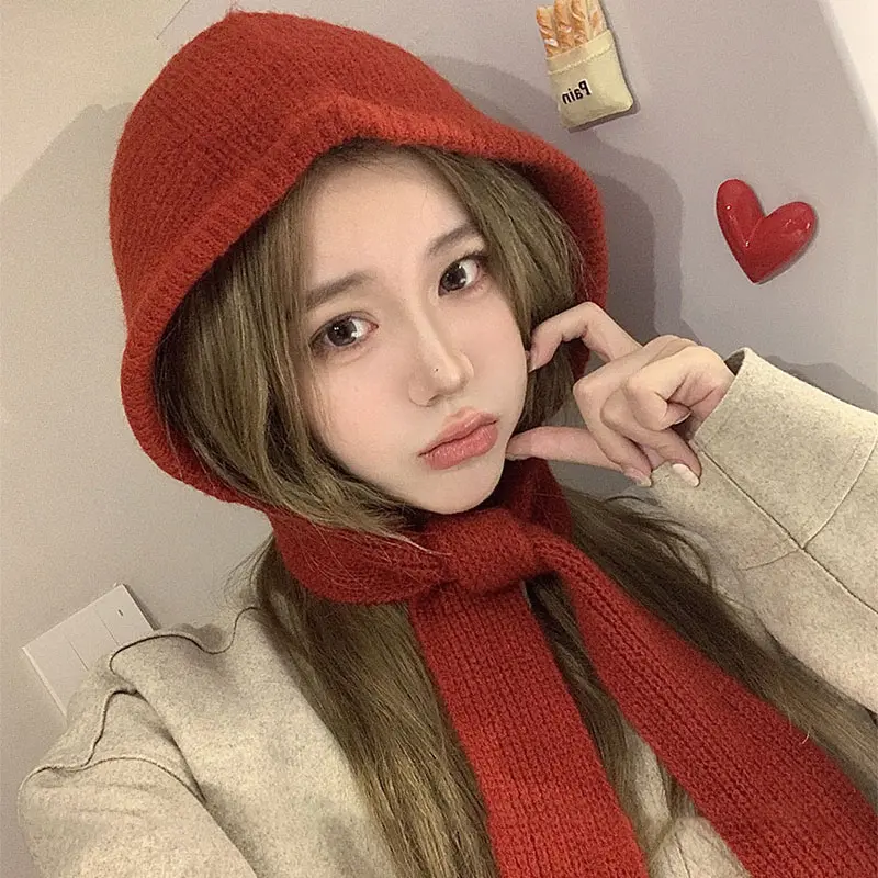 Winter Hooded Hat Scarf Women Autumn Warm Knitted Beanies Cap Korean Thickened Balaclava Solid Color Female Skullies