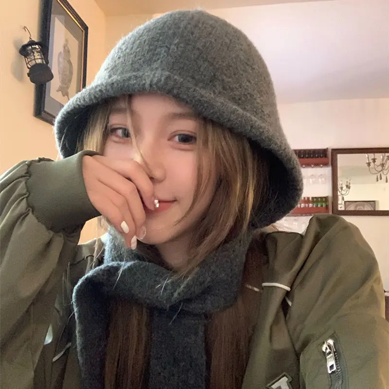Winter Hooded Hat Scarf Women Autumn Warm Knitted Beanies Cap Korean Thickened Balaclava Solid Color Female Skullies