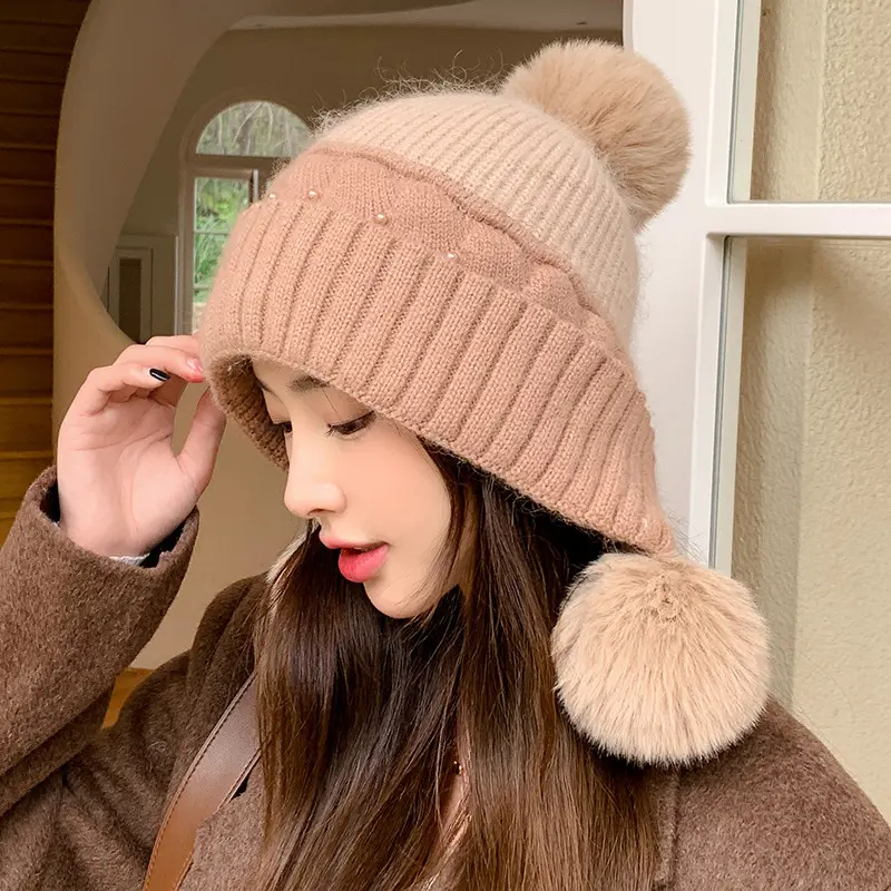 Winter Woolen Cap for Sweet Pompom Warm Knitted Hat Fashion Ear Protection Hats Thickened Cold-proof Earflap Caps