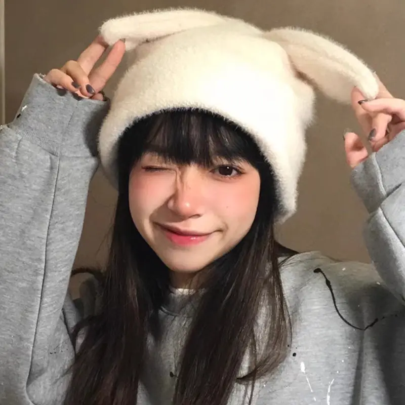 Winter Plush Beanies for Women Solid Color Cute Rabbit Ears Knitted Hat Cartoon Bunny Girls Pullover Hats