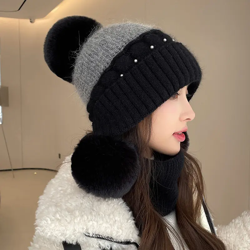 Winter Woolen Cap for Sweet Pompom Warm Knitted Hat Fashion Ear Protection Hats Thickened Cold-proof Earflap Caps