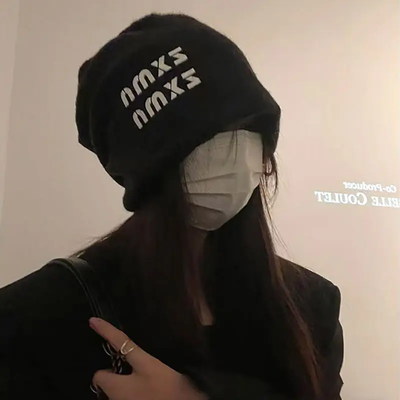 Letter Beanies Cap for Women Korean Wool Knit Slochy Hat Lady Autumn Winter Warm Ear Protection Skullies
