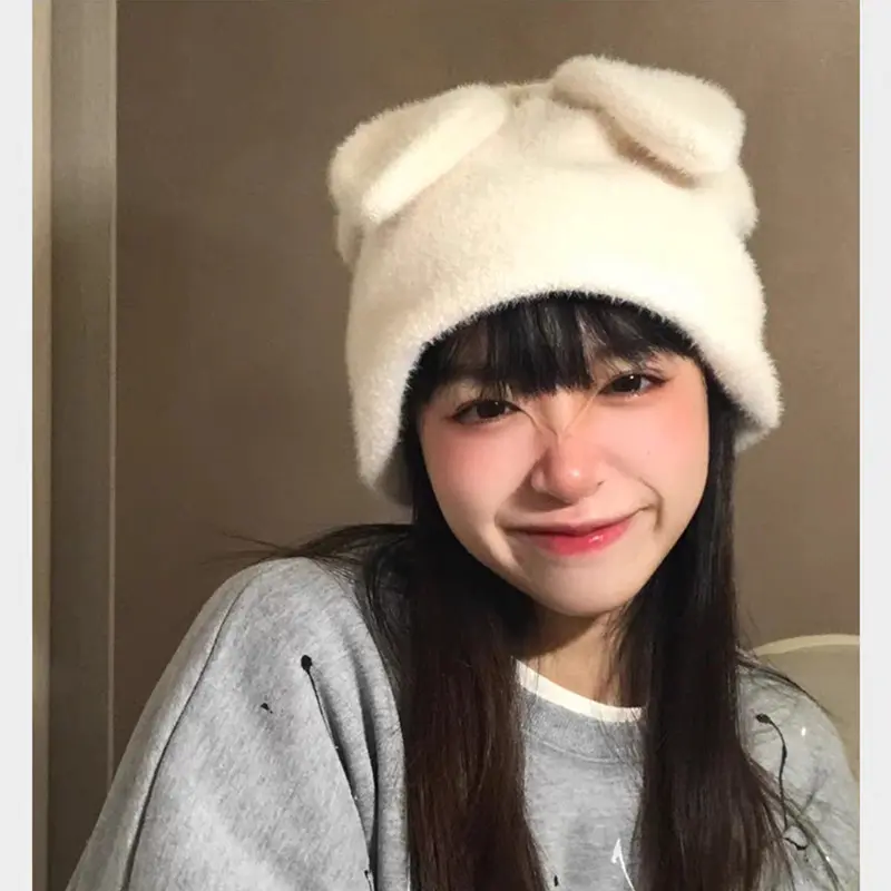 Winter Plush Beanies for Women Solid Color Cute Rabbit Ears Knitted Hat Cartoon Bunny Girls Pullover Hats