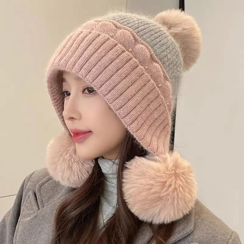 Winter Woolen Cap for Sweet Pompom Warm Knitted Hat Fashion Ear Protection Hats Thickened Cold-proof Earflap Caps