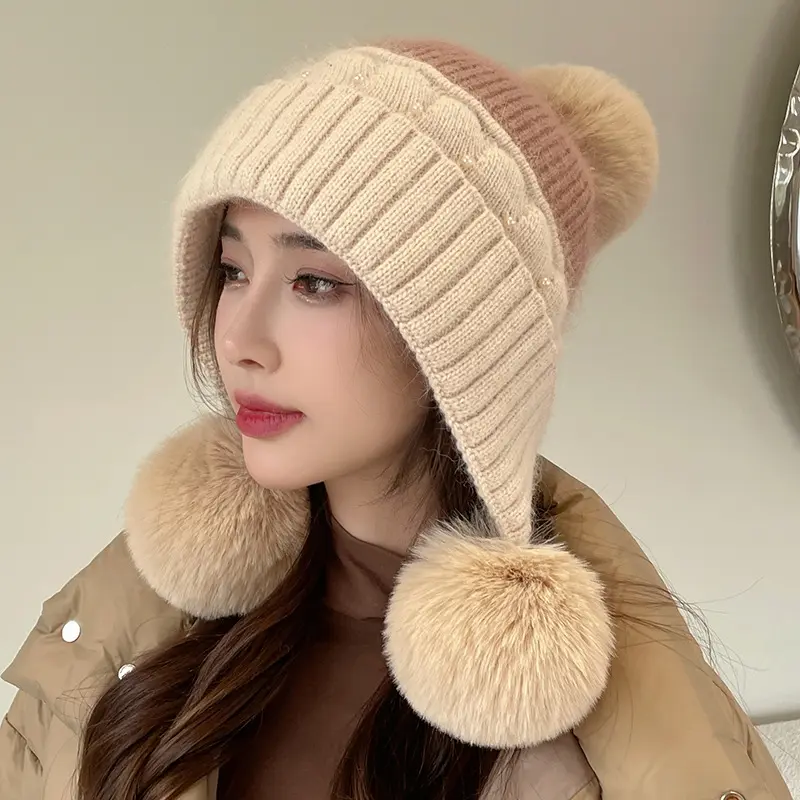 Winter Woolen Cap for Sweet Pompom Warm Knitted Hat Fashion Ear Protection Hats Thickened Cold-proof Earflap Caps