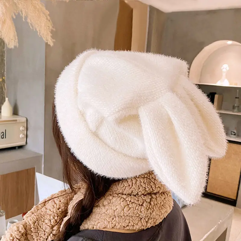 Winter Plush Beanies for Women Solid Color Cute Rabbit Ears Knitted Hat Cartoon Bunny Girls Pullover Hats