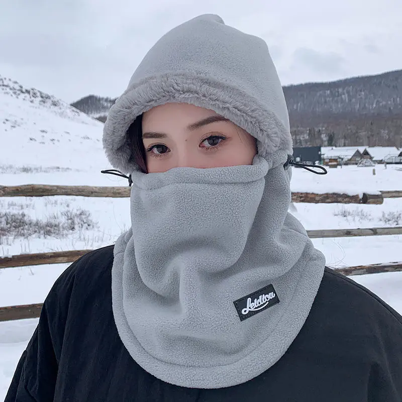 Winter Thermal Fleece Balaclava for Women Men Outdoor Thicken Plush Lining Mask Neck Warmer Hat Solid Color Hood Cycling Cap