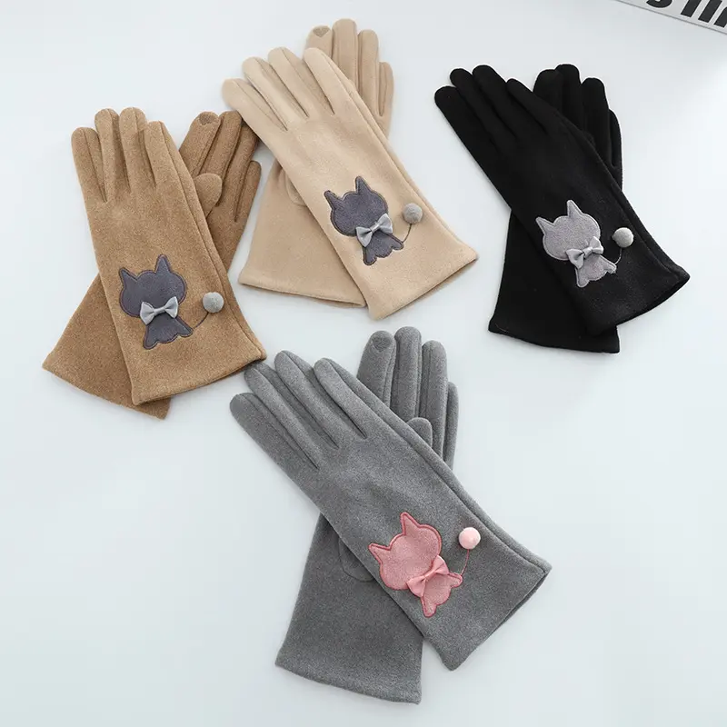 Cute Cat Velvet Gloves for Women Winter Warm Drive Cycling Mittens Solid Color Cartoon Touch Screen Gloves