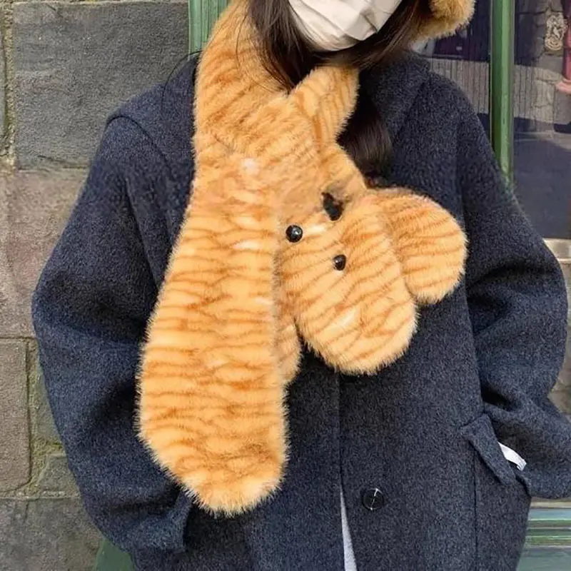 2Pcs Cute Leopard Plush Hat Scarf Cartoon Thermal Fluffy Fur Fisherman Cap Scarves Outdoor Windproof Warm Basin Cap
