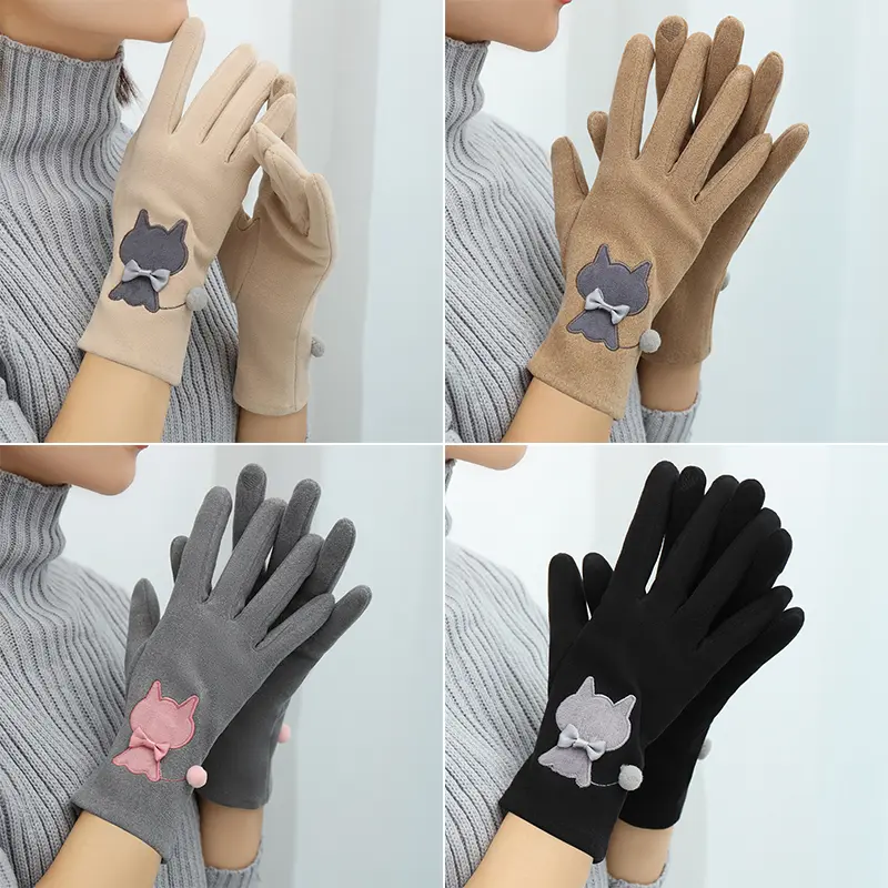 Cute Cat Velvet Gloves for Women Winter Warm Drive Cycling Mittens Solid Color Cartoon Touch Screen Gloves