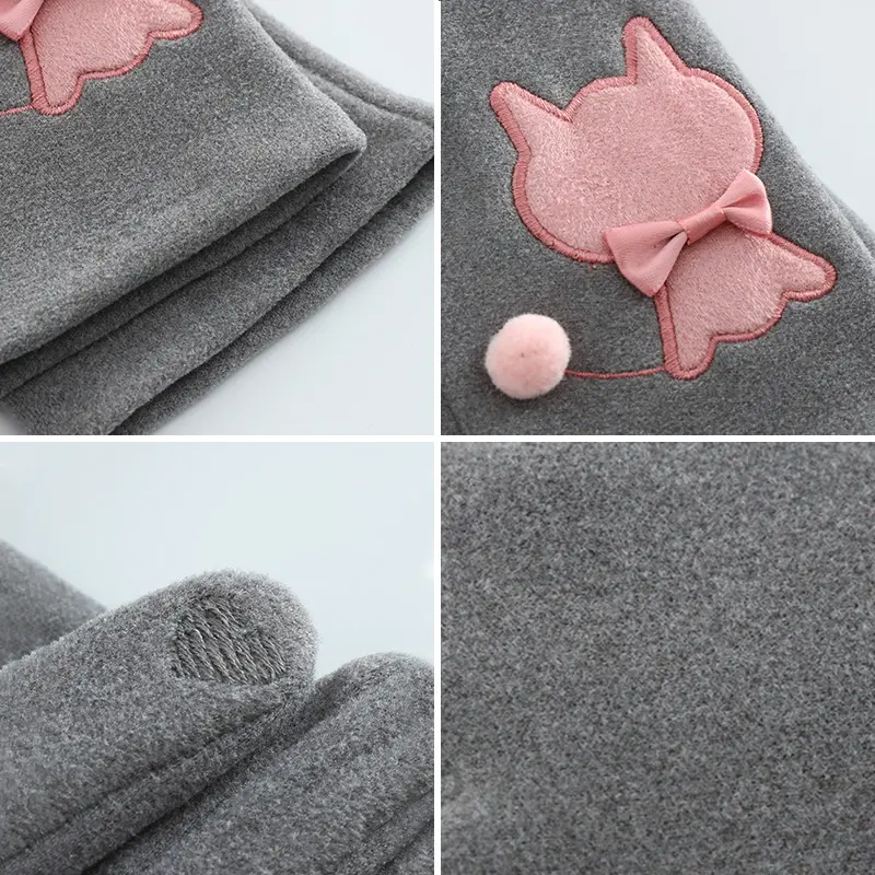 Cute Cat Velvet Gloves for Women Winter Warm Drive Cycling Mittens Solid Color Cartoon Touch Screen Gloves