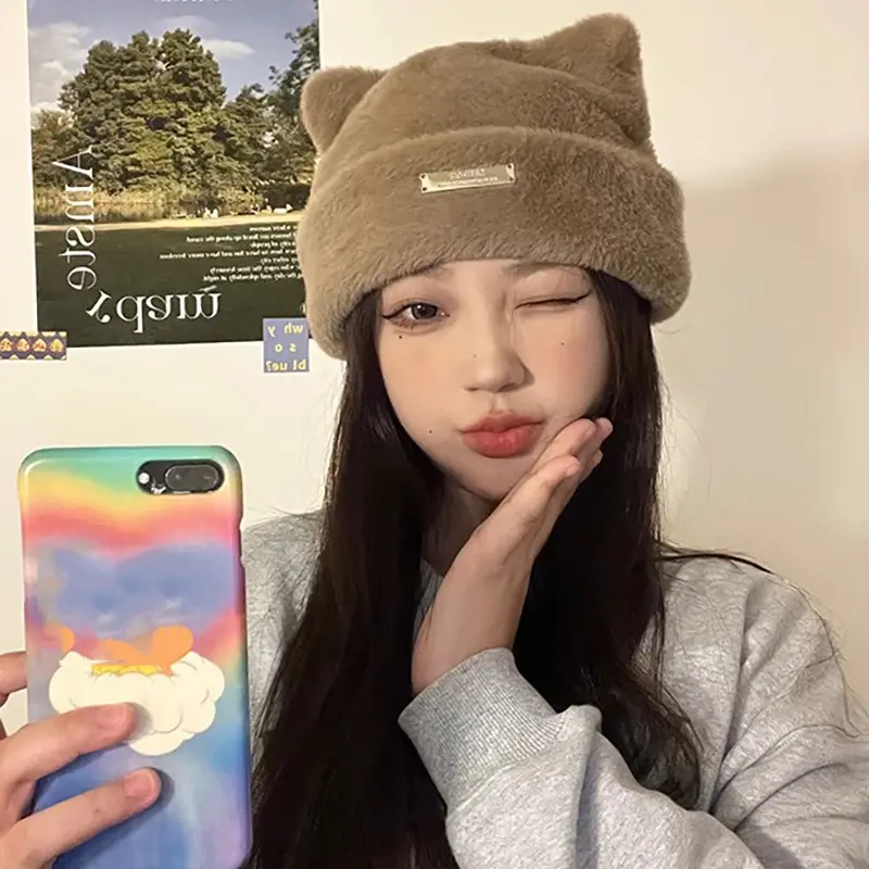 Winter Fluffy Fur Beanie Cap for Women Cute Thick Plush Pullover Hat Solid Color Cartoon Cat Ears Knitted Hats