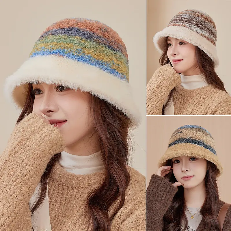 Colorful Bucket Hat for Women Winter Warm Plush Knit Fisherman Cap Outdoor Windproof Female Panama Caps Bonnet