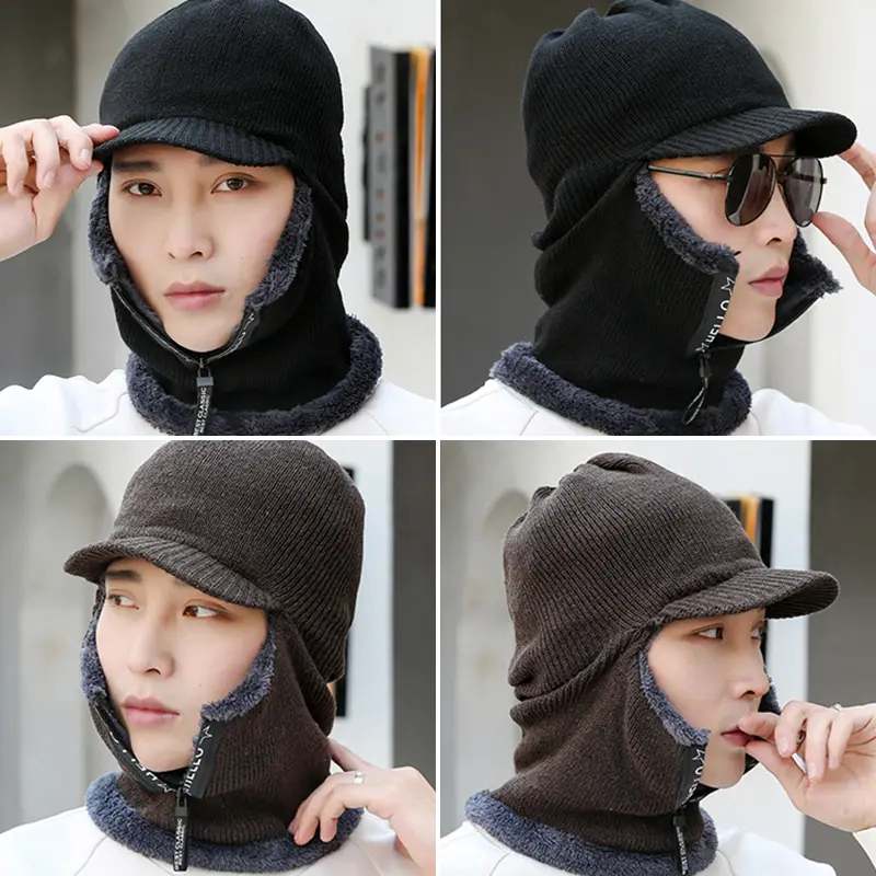 Winter Balaclava Hat for Men Thick Plush Knitted Hooded Beanies Outdoor Windproof Full Face Cover Plush Cap