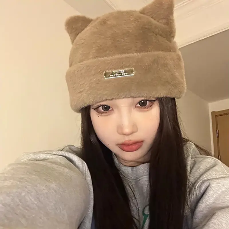 Winter Fluffy Fur Beanie Cap for Women Cute Thick Plush Pullover Hat Solid Color Cartoon Cat Ears Knitted Hats
