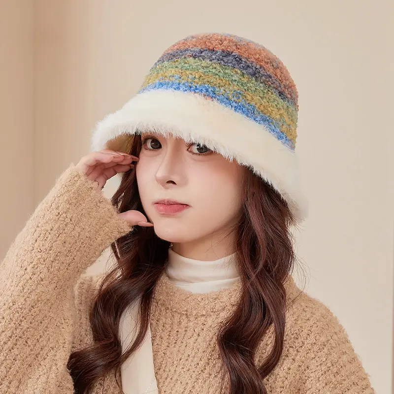 Colorful Bucket Hat for Women Winter Warm Plush Knit Fisherman Cap Outdoor Windproof Female Panama Caps Bonnet