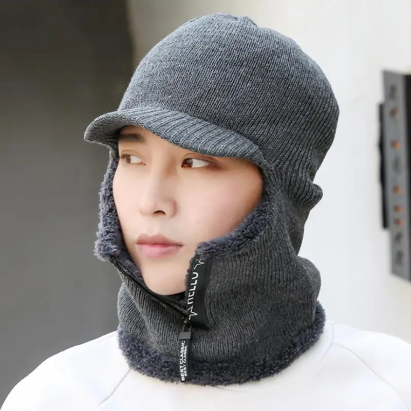 Winter Balaclava Hat for Men Thick Plush Knitted Hooded Beanies Outdoor Windproof Full Face Cover Plush Cap
