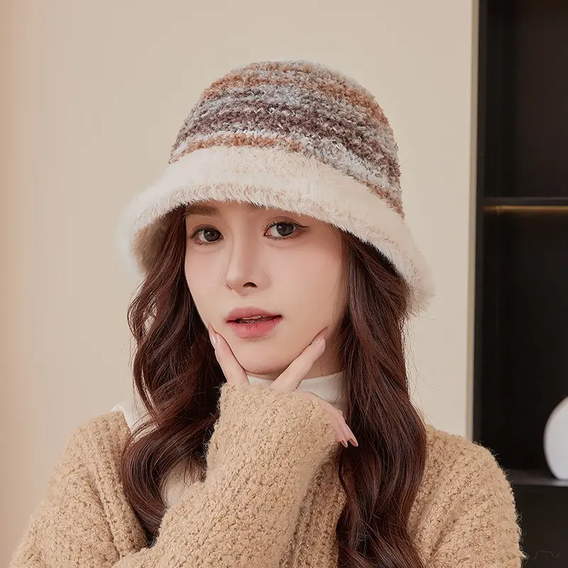 Colorful Bucket Hat for Women Winter Warm Plush Knit Fisherman Cap Outdoor Windproof Female Panama Caps Bonnet